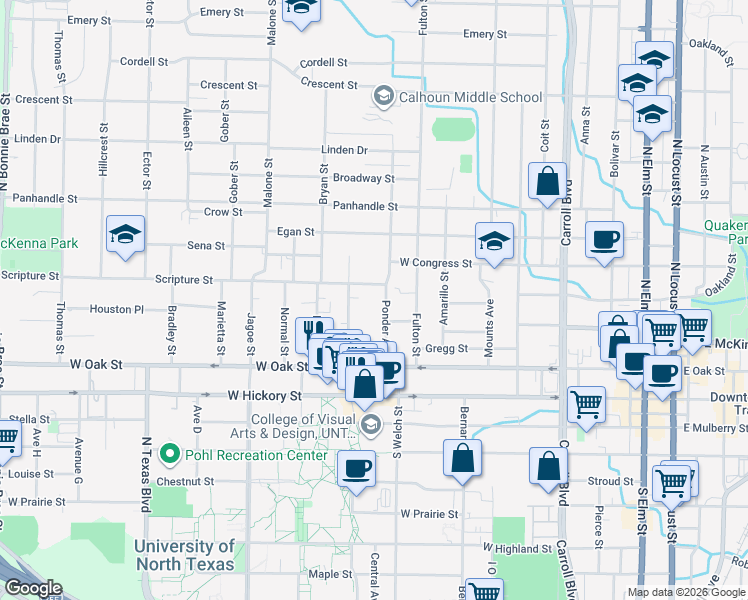 map of restaurants, bars, coffee shops, grocery stores, and more near 411 Ponder Avenue in Denton