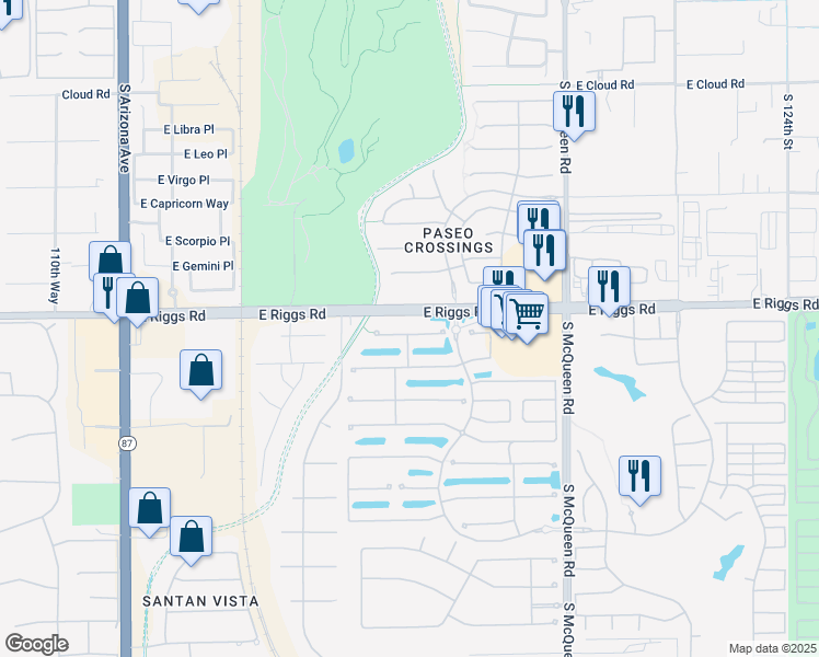map of restaurants, bars, coffee shops, grocery stores, and more near 698 East Las Colinas Place in Chandler
