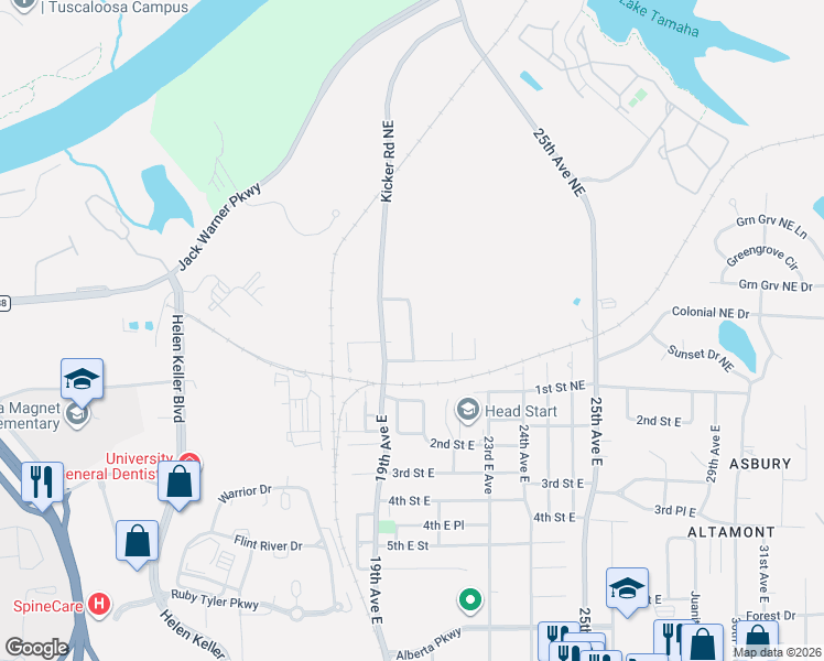 map of restaurants, bars, coffee shops, grocery stores, and more near 108 20th Avenue in Tuscaloosa