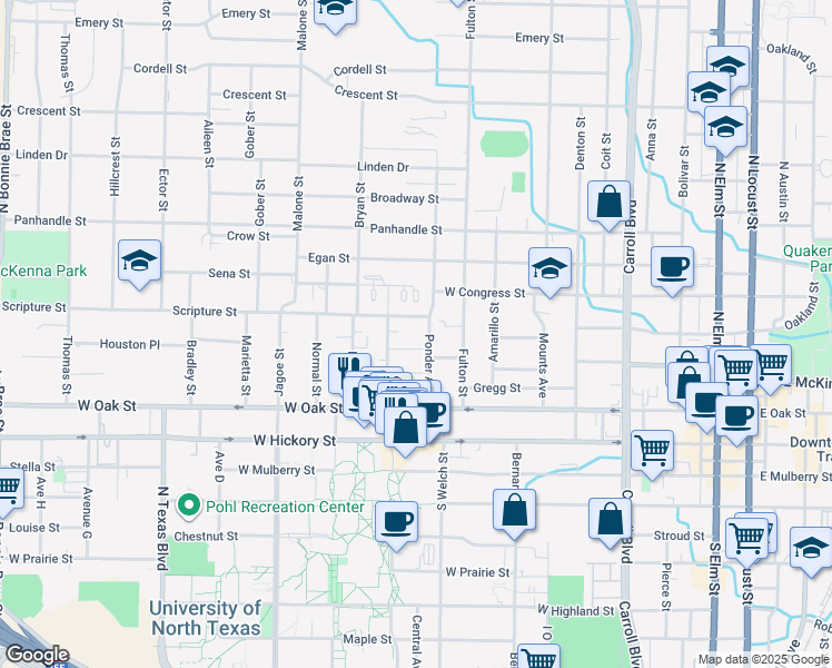 map of restaurants, bars, coffee shops, grocery stores, and more near 411 Ponder Avenue in Denton