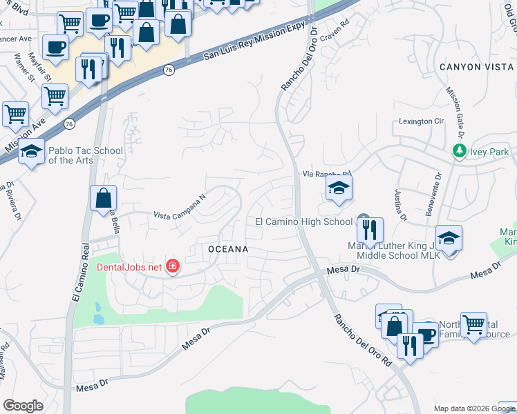 map of restaurants, bars, coffee shops, grocery stores, and more near 3738 Hickory Way in Oceanside