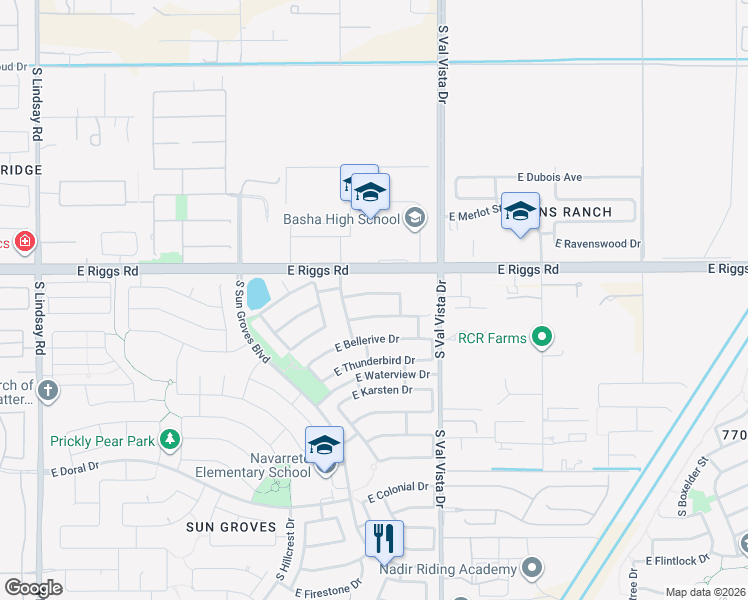 map of restaurants, bars, coffee shops, grocery stores, and more near 4822 East Cherry Hills Drive in Chandler