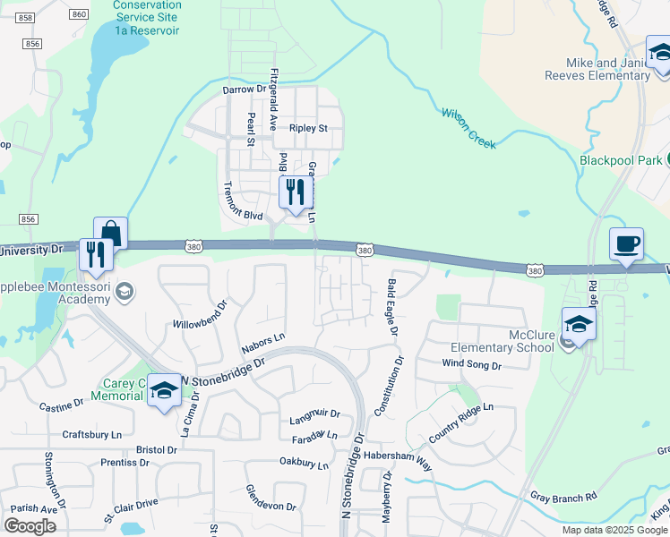 map of restaurants, bars, coffee shops, grocery stores, and more near 1920 Retreat Court in McKinney