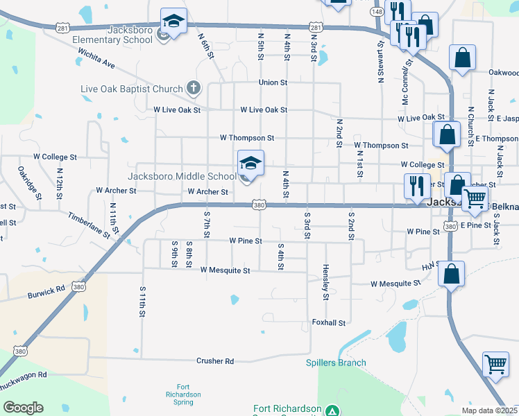 map of restaurants, bars, coffee shops, grocery stores, and more near 115 South 5th Street in Jacksboro