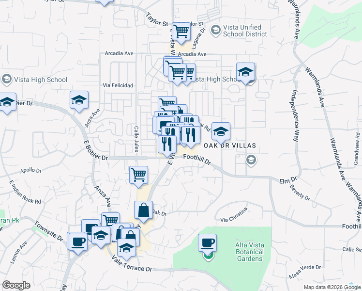 map of restaurants, bars, coffee shops, grocery stores, and more near 1295 East Vista Way in Vista