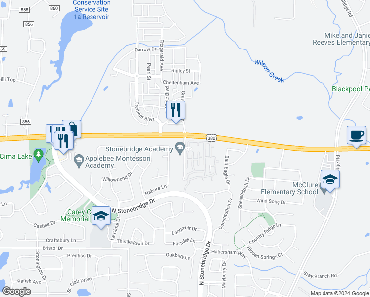 map of restaurants, bars, coffee shops, grocery stores, and more near 1824 Grassmere Lane in McKinney