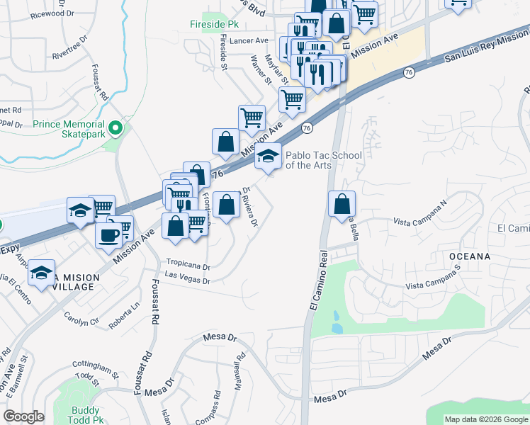 map of restaurants, bars, coffee shops, grocery stores, and more near 3512 Las Vegas Drive in Oceanside