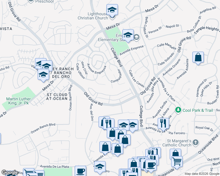 map of restaurants, bars, coffee shops, grocery stores, and more near 1571 Corte Daniel in Oceanside