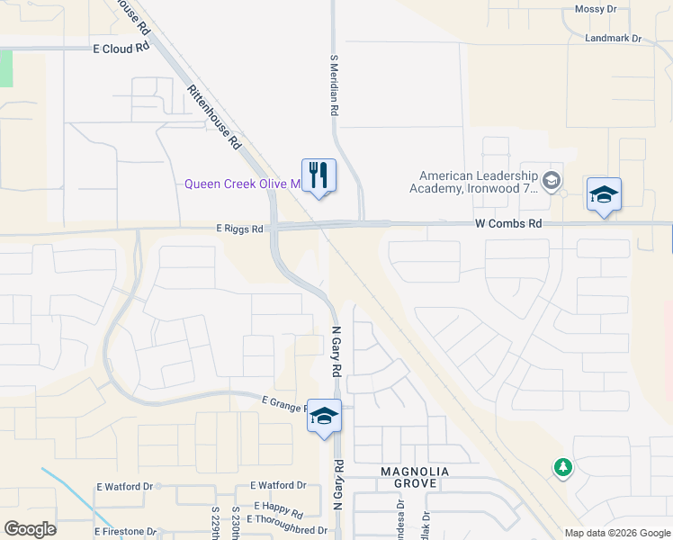 map of restaurants, bars, coffee shops, grocery stores, and more near 25225 North Gary Road in San Tan Valley