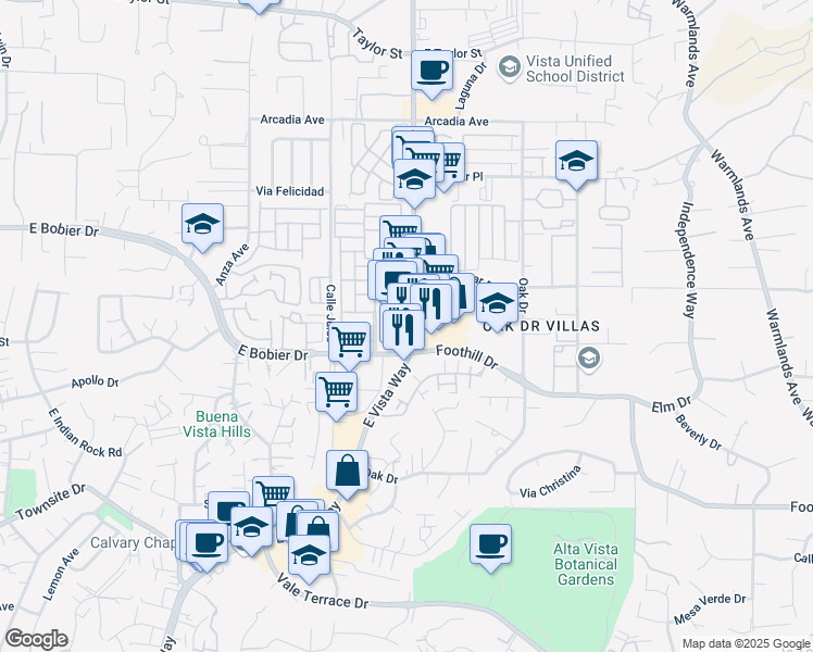 map of restaurants, bars, coffee shops, grocery stores, and more near 1295 East Vista Way in Vista
