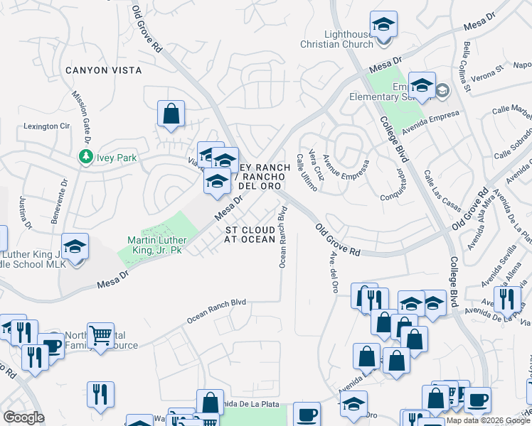 map of restaurants, bars, coffee shops, grocery stores, and more near 4350 Nautilus Way in Oceanside
