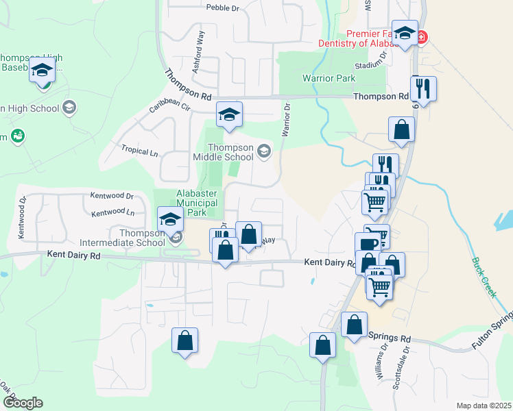 map of restaurants, bars, coffee shops, grocery stores, and more near 165 Park Place Lane in Alabaster