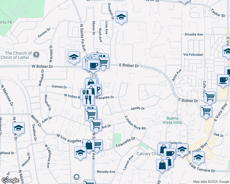 map of restaurants, bars, coffee shops, grocery stores, and more near 237 East Indian Rock Road in Vista