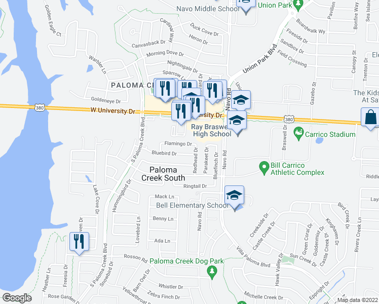map of restaurants, bars, coffee shops, grocery stores, and more near 1725 Bluebird Drive in Little Elm