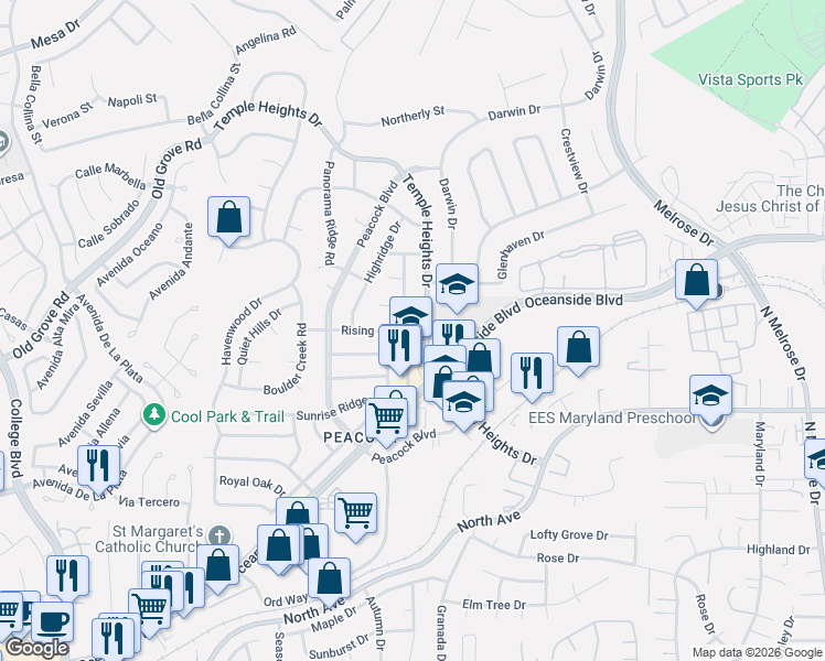 map of restaurants, bars, coffee shops, grocery stores, and more near 1536 Rolling Hills Drive in Oceanside