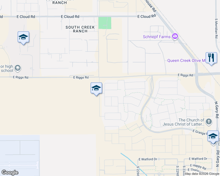 map of restaurants, bars, coffee shops, grocery stores, and more near 25410 South 224th Place in Queen Creek
