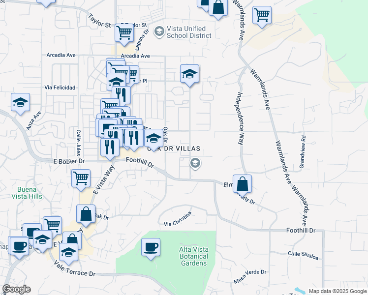 map of restaurants, bars, coffee shops, grocery stores, and more near 1362 Isabella Way in Vista