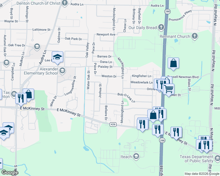 map of restaurants, bars, coffee shops, grocery stores, and more near 3009 Bob-O-Link Lane in Denton