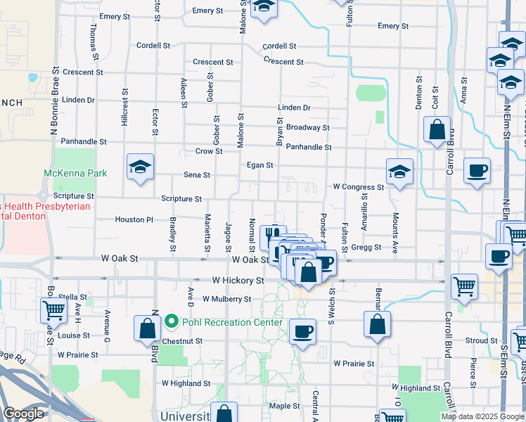 map of restaurants, bars, coffee shops, grocery stores, and more near 322 Normal Street in Denton