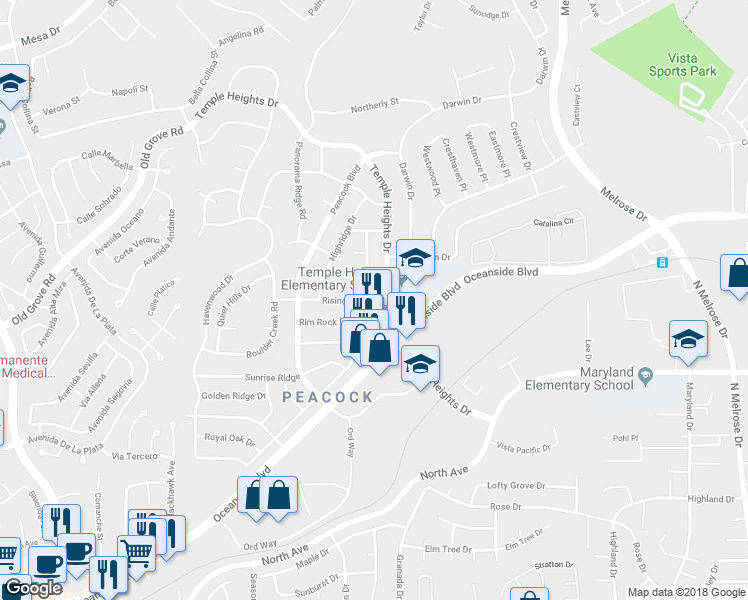 map of restaurants, bars, coffee shops, grocery stores, and more near 1536 Rolling Hills Drive in Oceanside