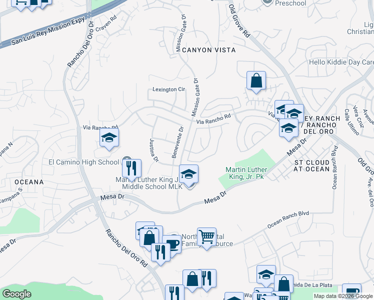 map of restaurants, bars, coffee shops, grocery stores, and more near 445 Primrose Way in Oceanside