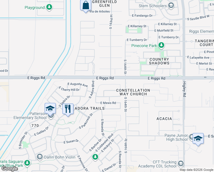 map of restaurants, bars, coffee shops, grocery stores, and more near 2681 East Cherry Hill Drive in Gilbert