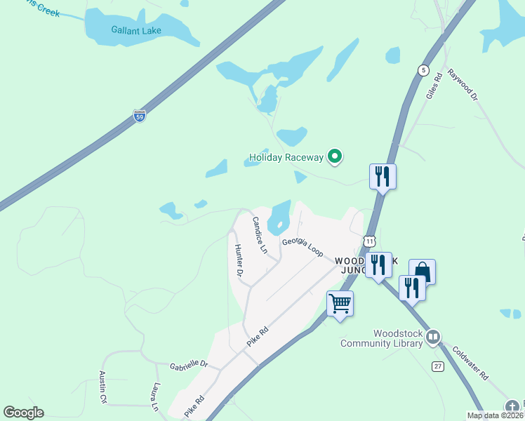 map of restaurants, bars, coffee shops, grocery stores, and more near 160 Candice Lane in Woodstock