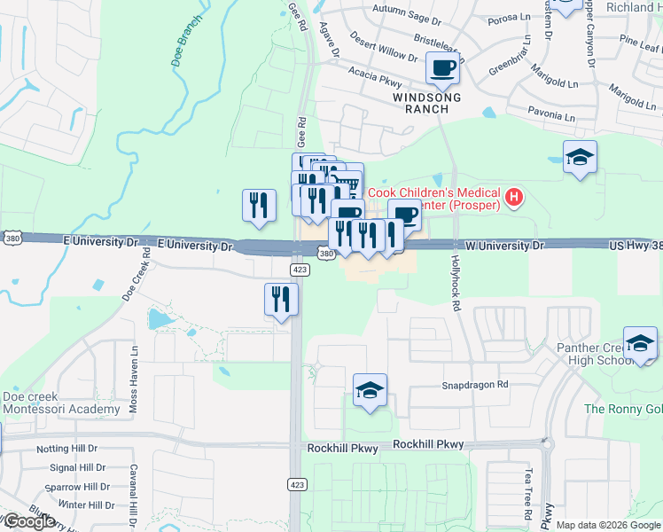 map of restaurants, bars, coffee shops, grocery stores, and more near 18000 Farm to Market Road 423 in Frisco