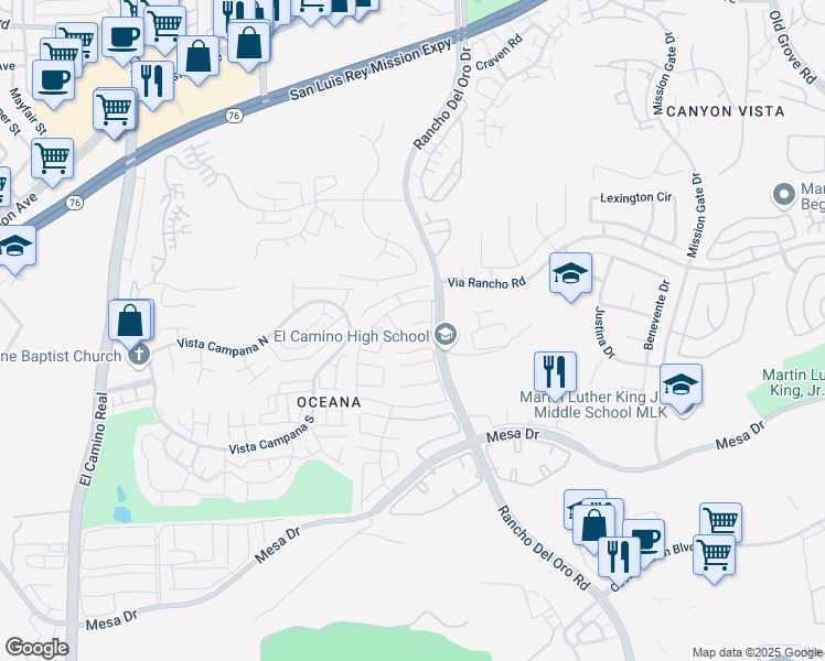 map of restaurants, bars, coffee shops, grocery stores, and more near 3801 Orange Way in Oceanside
