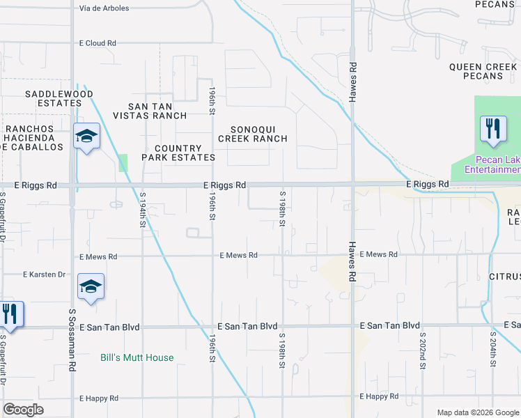 map of restaurants, bars, coffee shops, grocery stores, and more near 19724 East Indiana Avenue in Queen Creek