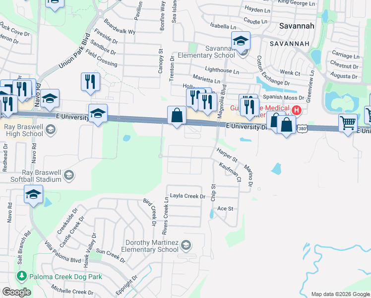 map of restaurants, bars, coffee shops, grocery stores, and more near 26778 U.S. 380 in Aubrey