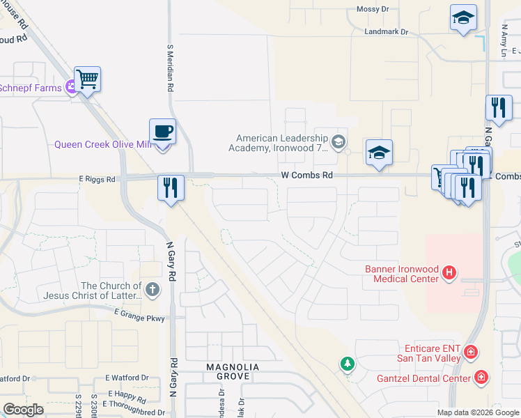 map of restaurants, bars, coffee shops, grocery stores, and more near 1057 Glen Canyon Drive in San Tan Valley
