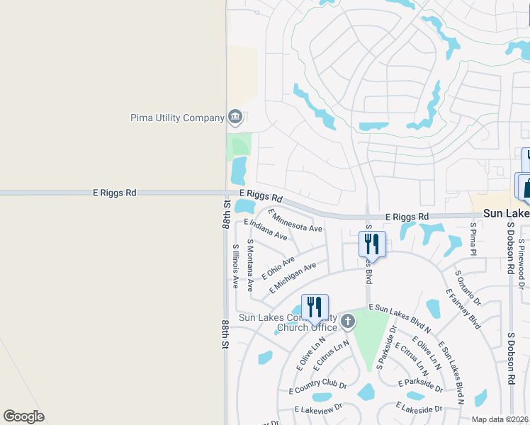 map of restaurants, bars, coffee shops, grocery stores, and more near 8909 East Copper Valley Lane in Sun Lakes