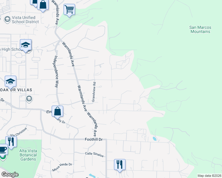 map of restaurants, bars, coffee shops, grocery stores, and more near 1328 Sonia Court in Vista