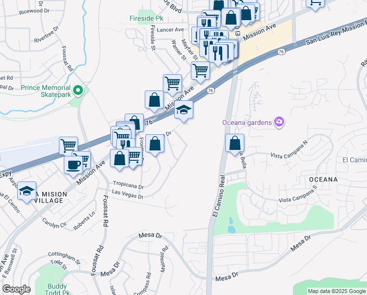 map of restaurants, bars, coffee shops, grocery stores, and more near 3516 Las Vegas Drive in Oceanside