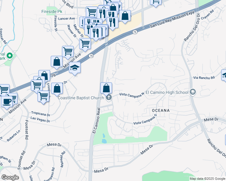 map of restaurants, bars, coffee shops, grocery stores, and more near 3660 Vista Campana North in Oceanside