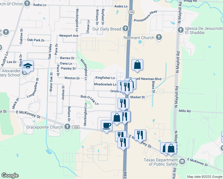 map of restaurants, bars, coffee shops, grocery stores, and more near 3503 Oriole Lane in Denton