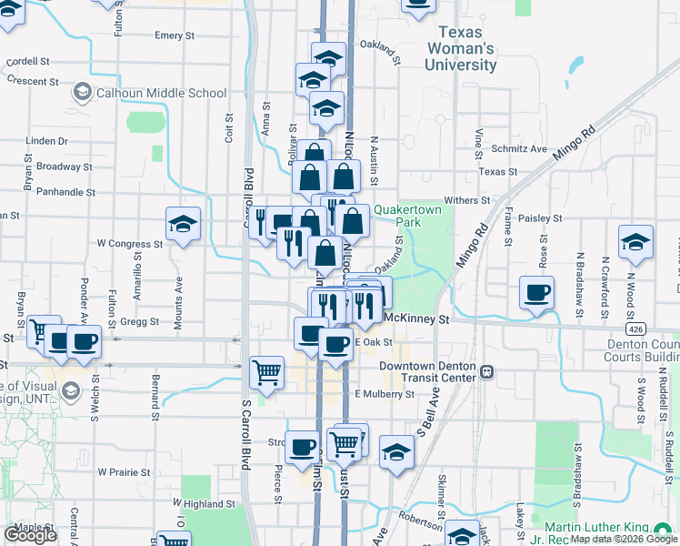 map of restaurants, bars, coffee shops, grocery stores, and more near 531 North Locust Street in Denton