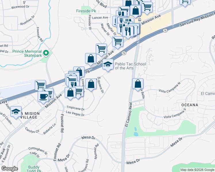 map of restaurants, bars, coffee shops, grocery stores, and more near 123 Flamingo Drive in Oceanside