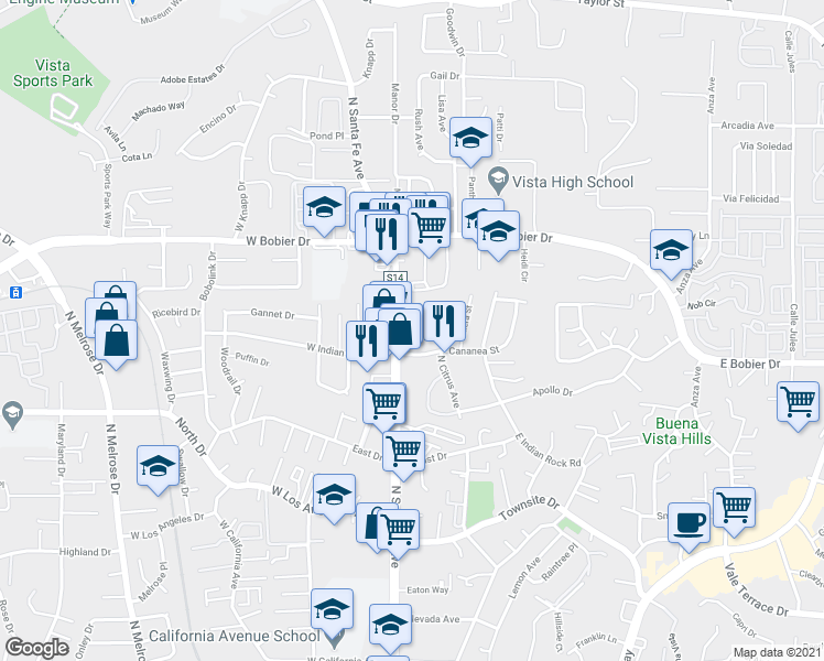 map of restaurants, bars, coffee shops, grocery stores, and more near 415 North Santa Fe Avenue in Vista