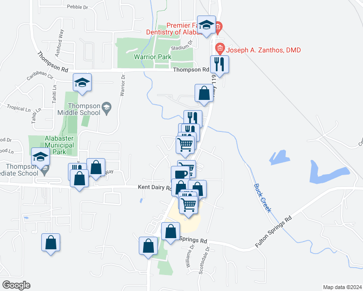 map of restaurants, bars, coffee shops, grocery stores, and more near 105 Plaza Circle in Alabaster