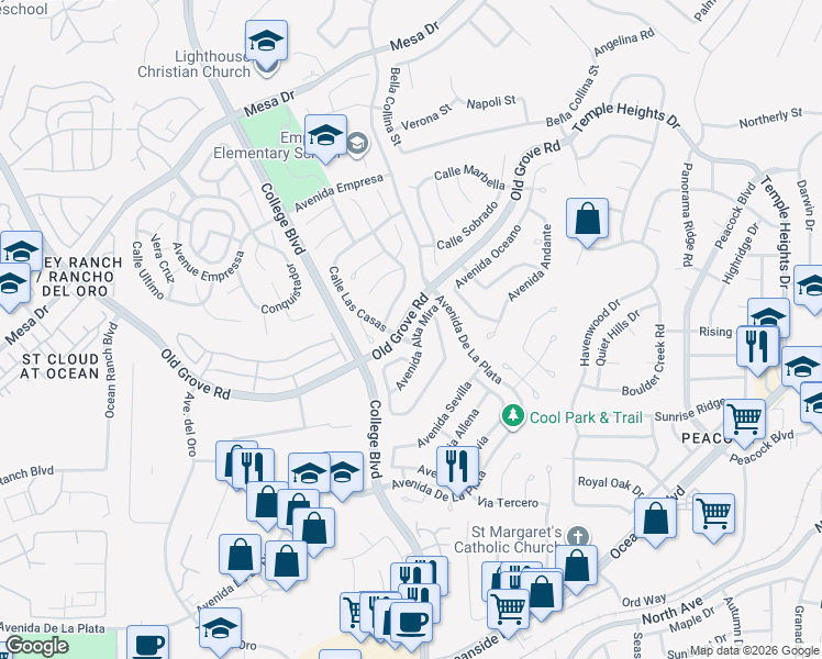 map of restaurants, bars, coffee shops, grocery stores, and more near 1746 Avenida Alta Mira in Oceanside