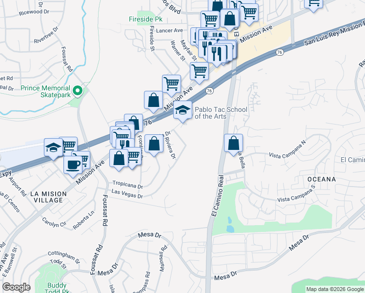 map of restaurants, bars, coffee shops, grocery stores, and more near 123 Flamingo Drive in Oceanside