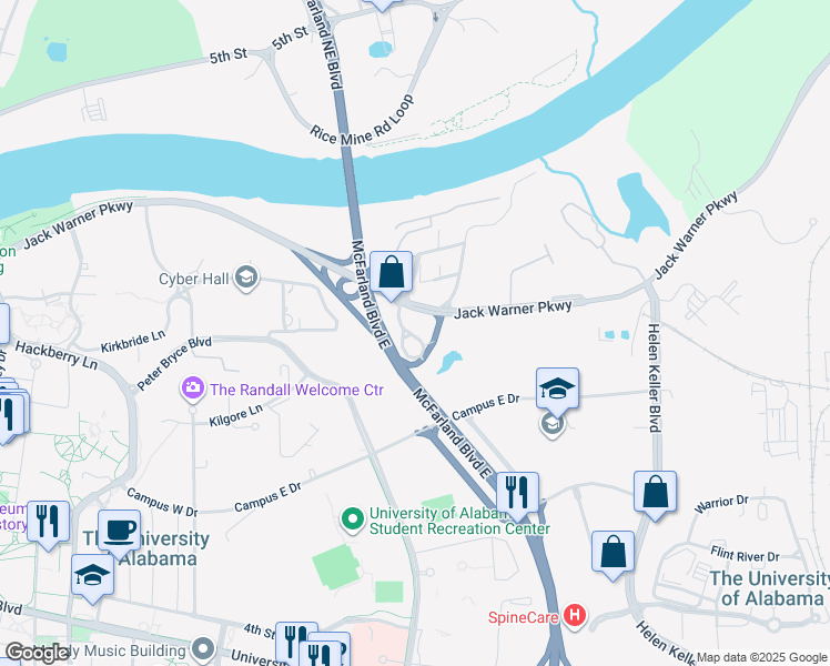 map of restaurants, bars, coffee shops, grocery stores, and more near 535 Jack Warner Parkway in Tuscaloosa