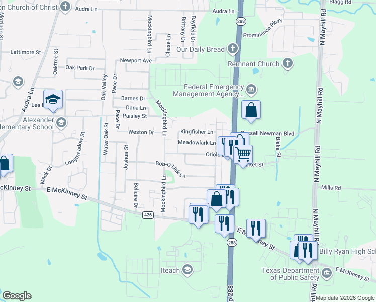map of restaurants, bars, coffee shops, grocery stores, and more near 3311 Meadowlark Lane in Denton