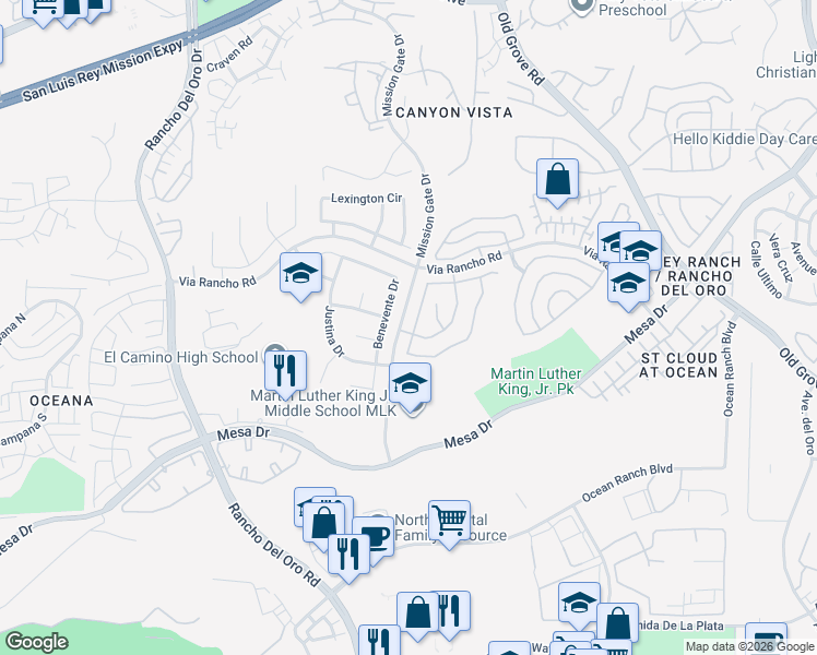 map of restaurants, bars, coffee shops, grocery stores, and more near 445 Primrose Way in Oceanside