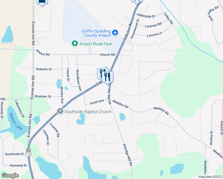 map of restaurants, bars, coffee shops, grocery stores, and more near 1101 Ethridge Mill Road in Griffin