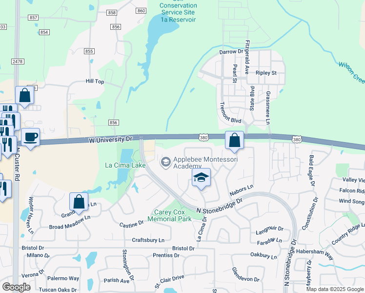 map of restaurants, bars, coffee shops, grocery stores, and more near 1921 La Cima Drive in McKinney