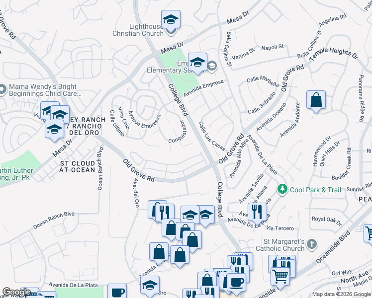 map of restaurants, bars, coffee shops, grocery stores, and more near 1583 Via Otano in Oceanside