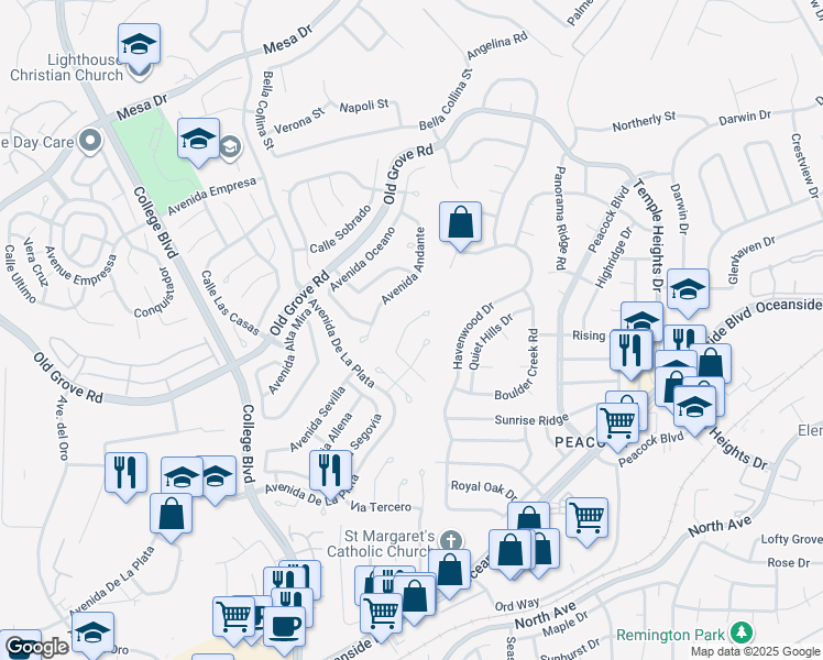 map of restaurants, bars, coffee shops, grocery stores, and more near 1723 Calle Platico in Oceanside